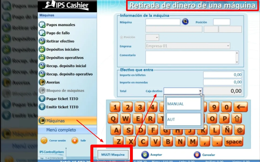 Pantalla de IPS-Control System con la nueva opción de Multi-Retirada activada