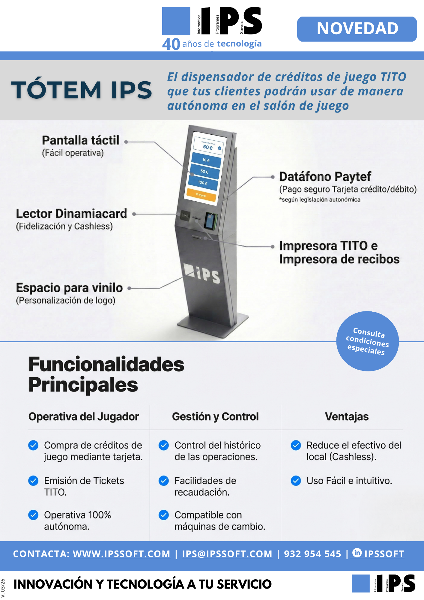 Flyer comercial de Tótem IPS, nuevo terminal para créditos TITO en salones de juego